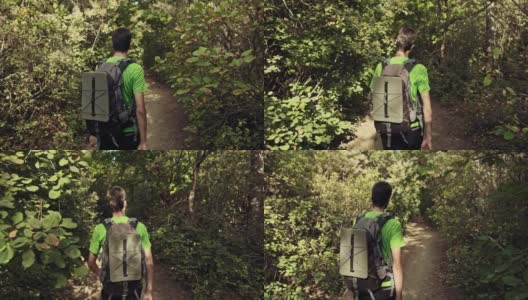 一个背着双肩包的旅行者，一个穿着胶靴的旅行者，穿过绿色的森林，穿越春天高清在线视频素材下载