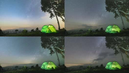 绿色帐篷露营的山上有流星雨高清在线视频素材下载