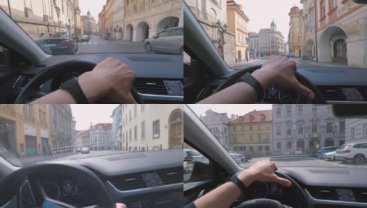 手控制汽车的方向盘。城市街道上的交通。高清在线视频素材下载