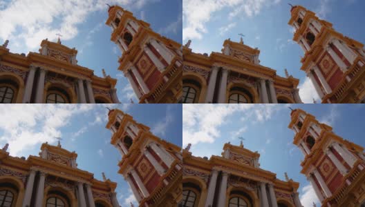 教堂和钟塔正面的底部视图(Basílica De San Francisco, Salta，阿根廷)高清在线视频素材下载