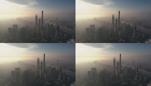 鸟瞰日出时的上海天际线高清在线视频素材下载