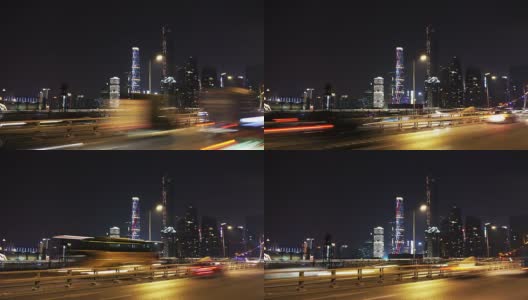 繁忙的交通和都市景观在现代城市广州的夜晚，时光流逝。高清在线视频素材下载