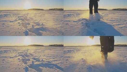 慢动作在夕阳下的雪中奔跑高清在线视频素材下载