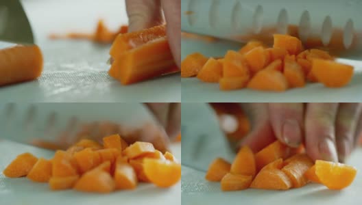一位年长的白人妇女用菜刀在切菜板上切胡萝卜高清在线视频素材下载