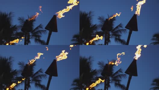 夏威夷火奴鲁鲁的威基基海滩，Tiki Torch Flames高清在线视频素材下载