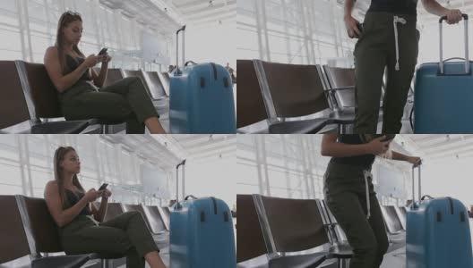 一个年轻女子在国际机场等待她的航班。高清在线视频素材下载