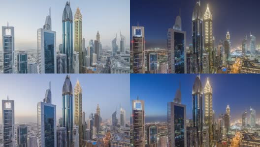 阿联酋迪拜的谢赫扎耶德路和迪拜国际金融中心大楼的天际线，从白天到晚上的时间流逝高清在线视频素材下载