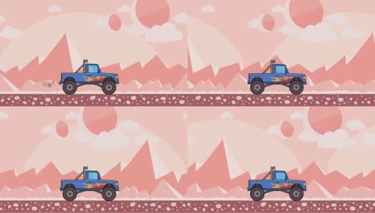 动画大轮怪物卡车通过外星沙漠。移动大脚卡车在粉红色的山区沙漠背景。平面动画。高清在线视频素材下载