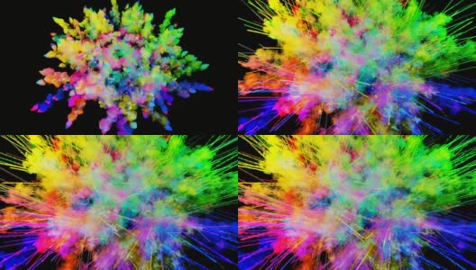爆炸的火药孤立在黑色背景。3d动画的粒子作为彩色的背景或覆盖效果。迸发出彩虹般的色彩，粉饼呈现出明亮如胡里节。52高清在线视频素材下载
