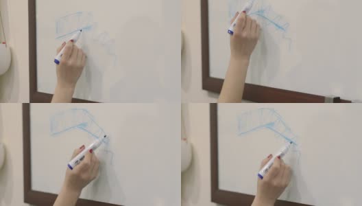 女性的手在一块玻璃板上画了一支蓝色的记号笔。专业化妆师在大师班上教授化妆技巧。高清在线视频素材下载