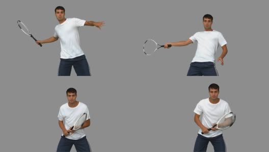 在灰色屏幕上打网球的人正在训练高清在线视频素材下载