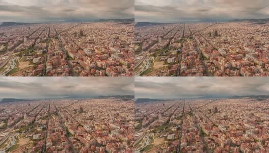 西班牙夏日巴塞罗那城市景观航拍全景4k时间流逝高清在线视频素材下载