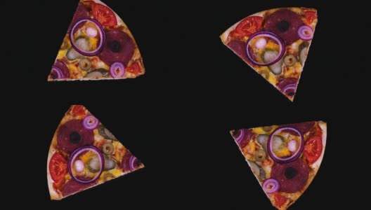 一块自制的披萨，配上腌黄瓜和洋葱，在黑色的背景下旋转高清在线视频素材下载