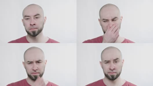 一个留着胡子的秃头男子用鼻子挡住臭味的肖像。白色背景高清在线视频素材下载