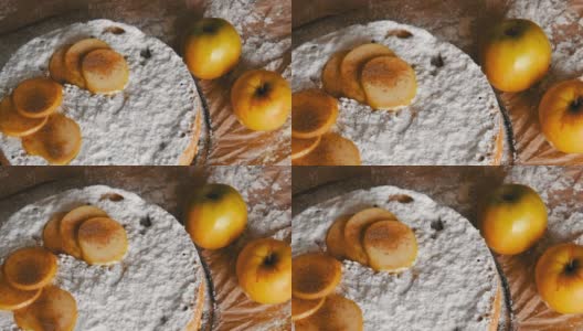 美味的姜饼苹果派，夏洛特。传统的肉桂和苹果派俯视图高清在线视频素材下载