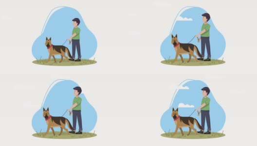 德国牧羊犬吉祥物与主人动画高清在线视频素材下载