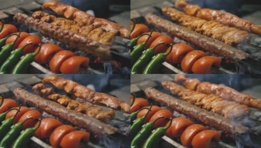 传统的烤肉串和烤鸡。土耳其烤肉串。高清在线视频素材下载