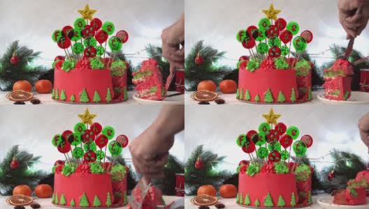 一块蛋糕在盘子的不同一边掉了好几次，女人们试着把一块放进去。圣诞茶点心。高清在线视频素材下载