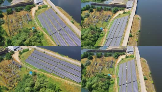 太阳能电站附近的河在阳光。光伏太阳能电池在现代太阳能农场从太阳中产生清洁能源。鸟瞰图。高清在线视频素材下载