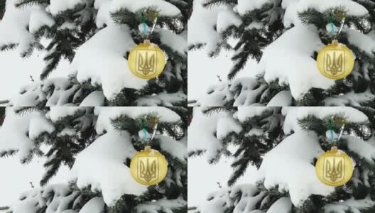 户外圣诞树上挂着乌克兰国徽的圣诞装饰高清在线视频素材下载