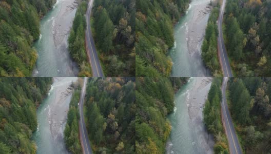 在加拿大的黄绿森林附近的野生河流和道路的自上而下的观点高清在线视频素材下载