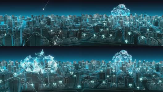 智慧城市上各种智能传感器图标，连接云计算技术。蓝色x射线鸟瞰图。4 k动画。高清在线视频素材下载
