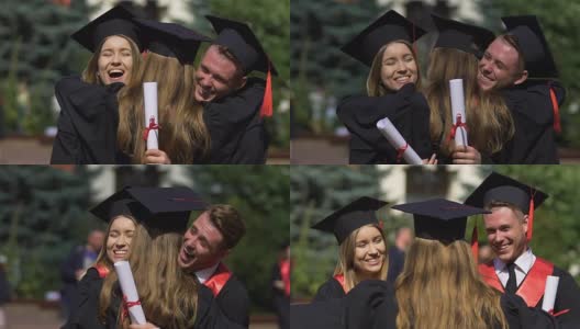 大学朋友热烈拥抱，祝贺顺利毕业高清在线视频素材下载