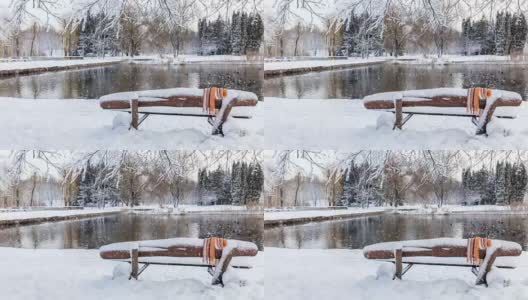 美丽的冬季贺卡与慢镜头雪花城市公园的第一场雪，鸭子在结冰的池塘和覆盖着雪的长凳上高清在线视频素材下载