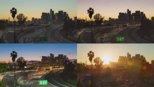 洛杉矶市中心和高速公路白天到晚上日落时间高清在线视频素材下载