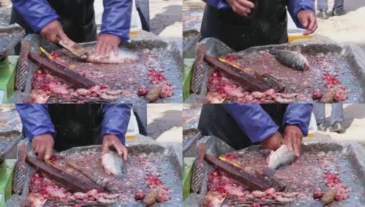 关闭零售商的新鲜鱼在街头市场高清在线视频素材下载
