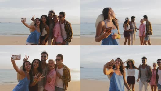 女孩用手机欢迎人们在海滩上自拍，快乐微笑的男女朋友高清在线视频素材下载