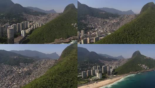 在巴西里约热内卢的海滩和贫民区上空飞行高清在线视频素材下载