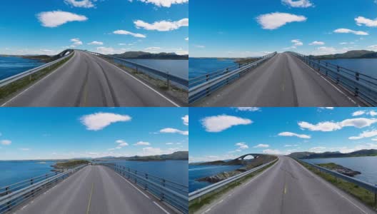 在挪威的一条路上驾驶汽车大西洋路或大西洋路(Atlanterhavsveien)被授予(挪威世纪建设)的称号。高清在线视频素材下载