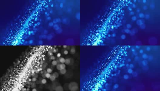 神奇的蓝色发光粒子在粘性液体中流动，闪闪发光。科幻小说。4k 3d科幻背景闪烁粒子，景深和散景。光磨作为alpha通道。64高清在线视频素材下载