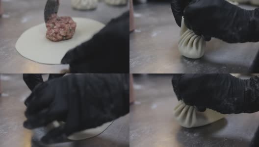 近距离的烹饪，形成饺子皮，把碎肉放在上面，然后做辛卡利高清在线视频素材下载