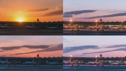 间隔拍摄。北京首都国际机场日落航站楼，中国高清在线视频素材下载