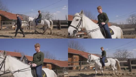 红发游客在动物救援中心，学习如何骑马，同时志愿帮助他高清在线视频素材下载