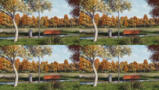 城市公园与空长凳在平静的秋天天3D动画高清在线视频素材下载
