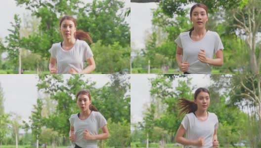 亚洲年轻美丽的运动女子在公园的街道上跑步。美丽的运动员和坚定的女孩在运动服装锻炼慢跑锻炼户外保健在傍晚日落在花园。高清在线视频素材下载