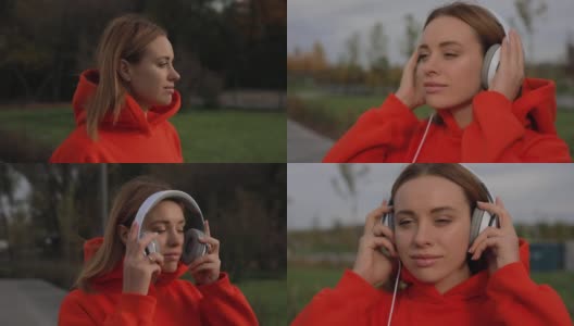 欧洲女人戴着耳机喜欢听音乐高清在线视频素材下载