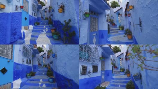 POV，行走在摩洛哥Chefchaouen Chaouen的蓝色小镇，第一个视角高清在线视频素材下载