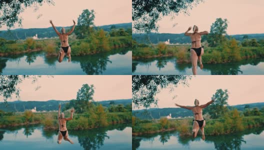 超级慢动作女人跳进河里高清在线视频素材下载