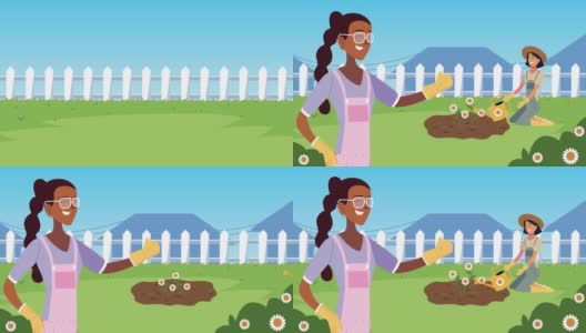 异族女孩园艺动画与鲜花在营地高清在线视频素材下载