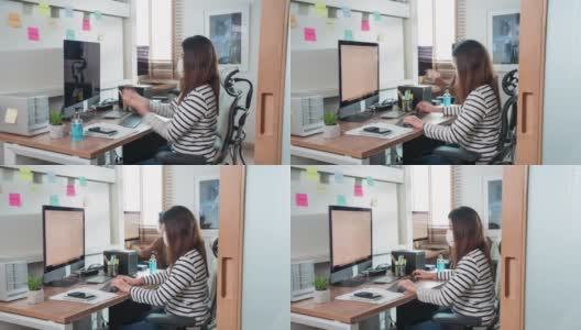 亚洲夫妇在家庭办公室工作和戴口罩保护COVID-19的时间间隔高清在线视频素材下载