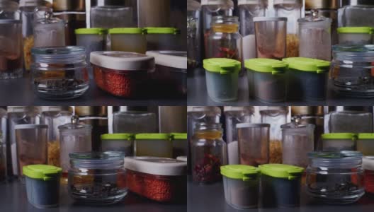 厨房食品储藏室里的谷物、香料、面食和其他不易腐烂的食物的变化高清在线视频素材下载