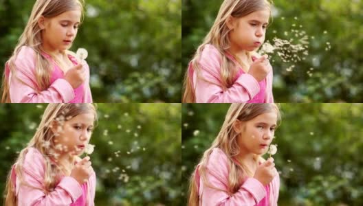 一个可爱的长发女孩吹落蒲公英的种子。它们在夕阳的余晖中迎风飞翔。暑假在大自然中。儿童节高清在线视频素材下载