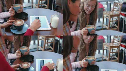 在咖啡厅里享受咖啡的漂亮朋友高清在线视频素材下载