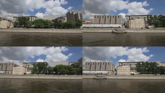 莫斯科(莫斯科)河堤，俄罗斯(日)。从旅游游船上拍摄高清在线视频素材下载