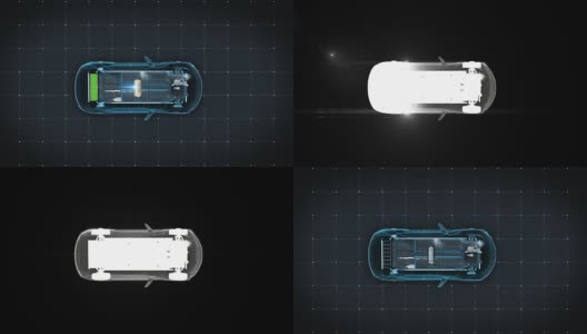 电子，离子电池回声车。充电汽车电池。电池电量检查，未来车。前视图。4 k的电影。高清在线视频素材下载