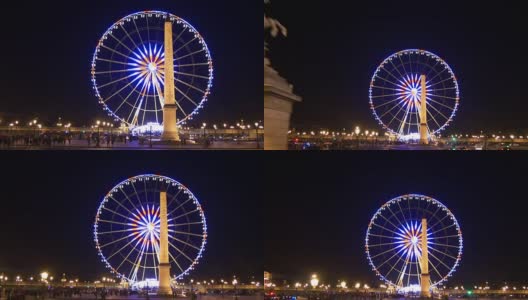 法国巴黎夜晚照明和谐广场旋转木马纪念碑巴士乘坐全景4k高清在线视频素材下载